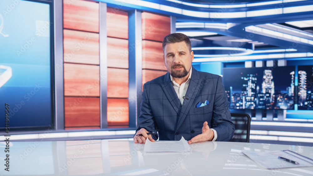 Fototapeta premium Beginning Evening News TV Program: Anchor Presenter Reporting on Business, Economy, Science, Politics. Television Cable Channel Anchorman Talks. Broadcast Network Newsroom Studio Concept.