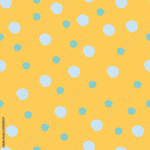 Seamless abstract pattern with hand-drawn dots, chaotically arranged festive confetti and cute peas. Vector children's illustration for fabric, poster, cover, paper, postcards, banner, design