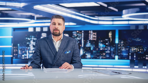 Daily News TV Program: Anchor Presenter Reporting on Business, Economy, Science, Politics. Television Cable Channel Anchorman Talks. Broadcast Network Newsroom Studio Concept. photo