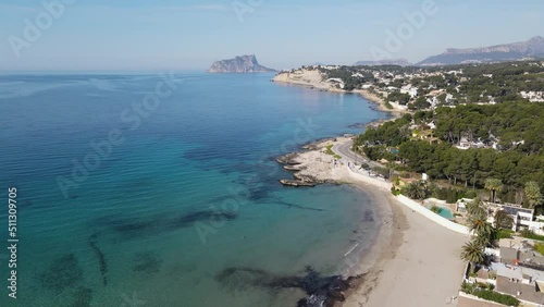 Aerial views from Moraira's coast. Drone video in Moraira, White Coast, Alicante, Spain. Les platgetes, Moraira. 