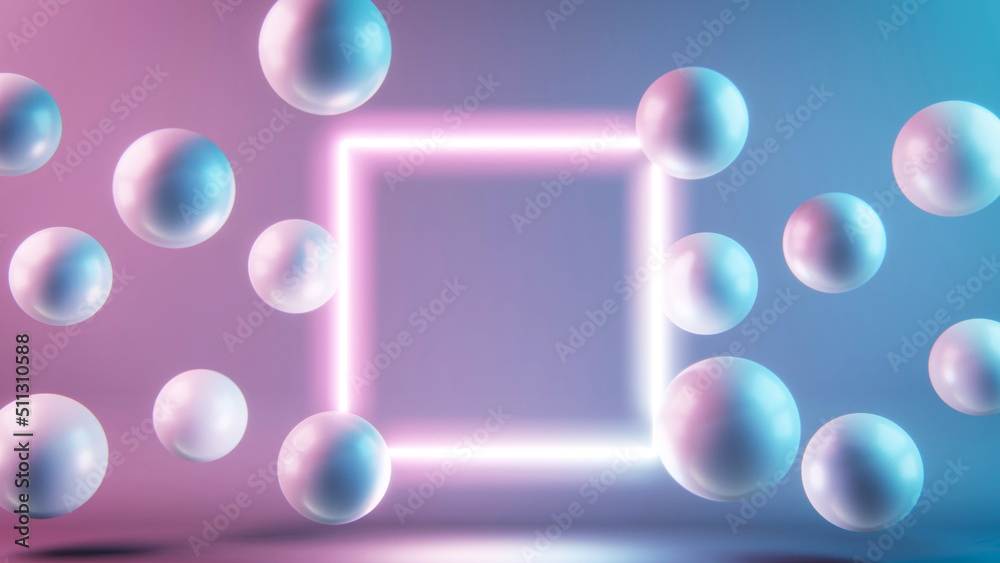 3d illustration of balls in motion and square on blue purple background.