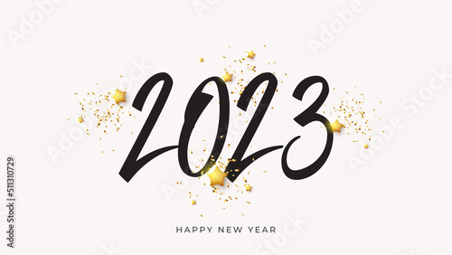 2023 Happy New Year banner. Holiday banner with 2023 happy new year symbol, golden stars and confetti. Vector illustration with black holiday icon isolated on white background.