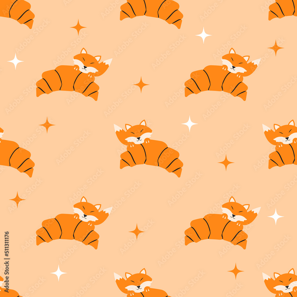 cute fox with croissant seamless pattern or for digital printing in orange color