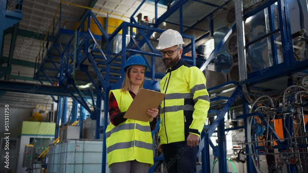 Engineering manager and mechanic worker doing routine check up in industrial factory Engineering manager and mechanic worker doing routine check up in industrial factory