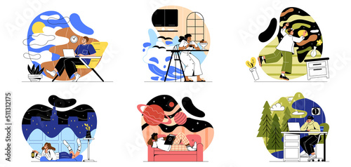 Set of dreaming people. Young men and women at home or at work think about their desires or imagine. Thoughtful characters relax and smile. Cartoon flat vector collection isolated on white background