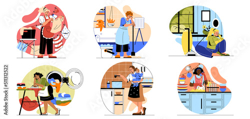 Set of women tired from housework. Unhappy housewive overloaded with household chores, washing clothes, cooking and taking care of children. Cartoon flat vector collection isolated on white background