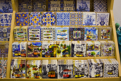 Decorated local ceramic, pottery and traditional Portuguese souvenirs in Lisbon, Portugal 