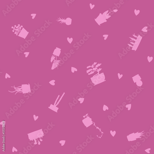 pattern for gift wrapping with houseplants and hearts pink purple