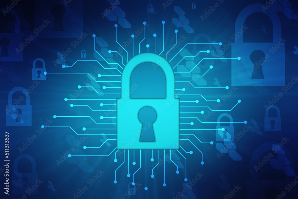 Digital Padlock on abstract technology background, Technology security concept. Modern safety digital background. Protection system, Cyber Security and safety information, personal data concept Digital Padlock on abstract technology background, Technology security concept. Modern safety digital background. Protection system, Cyber Security and safety information, personal data concept