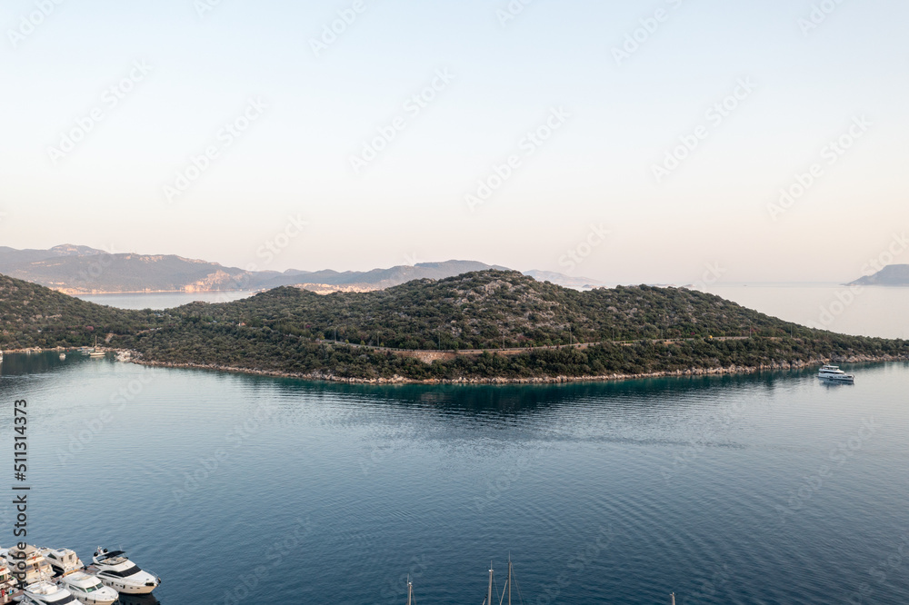 stunning nature's wonder scene at desirable holiday destination , aerial drone turquoise water , Kas , Antalya