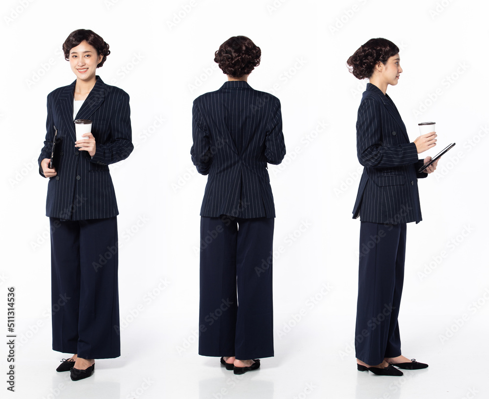 Full length 30s 40s Asian Woman teacher student business, 360 turn front side back rear view Full length 30s 40s Asian Woman teacher student business, 360 turn front side back rear view