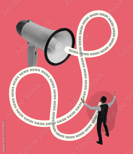 Contemporary art collage. Conceptual image. Man standing in front of megaphone talking fake news isolated over pink background photo