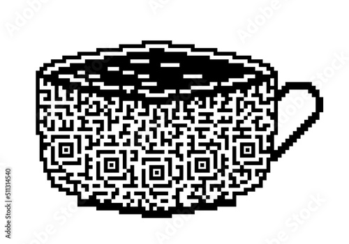 Coffee cup or other hot drink with QR code texture isolated on white background. Pixel art. Coffee or tea icon for mobile app, tea house, restaurant menu, tableware store or other. Vector illustration