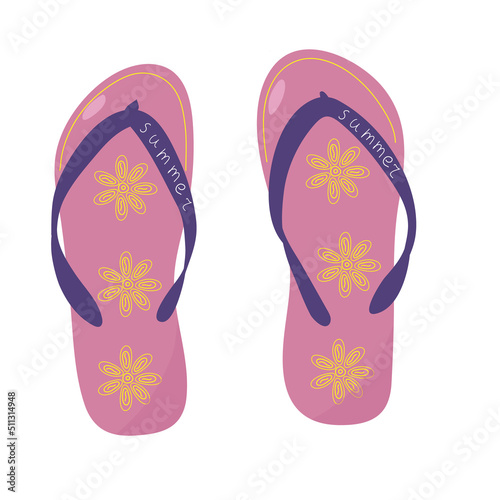 Summer pink sandals for the beach. Holidays at sea. Accessories for a beach holiday. Flat style. Vector.
