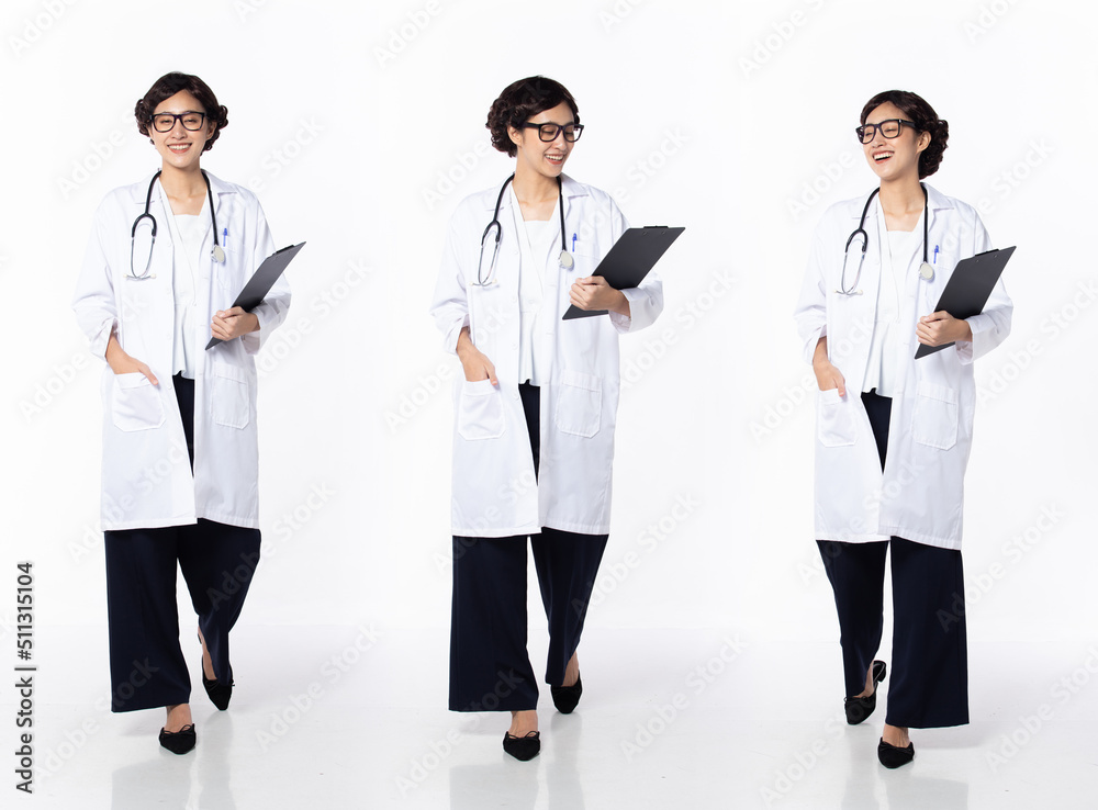 Full length 30s 40s Asian Woman Doctor with stethoscope, walking forward left right Full length 30s 40s Asian Woman Doctor with stethoscope, walking forward left right