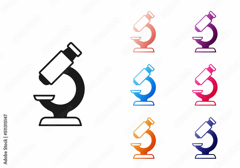 Black Microscope icon isolated on white background. Chemistry, pharmaceutical instrument, microbiology magnifying tool. Set icons colorful. Vector