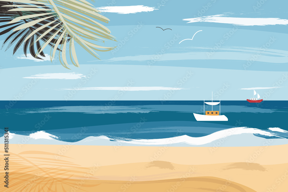 Summer seascape with tropical beach, sail boats, ships floating in sea. Passenger sailboats, speedboats, yachts in ocean. Color flat vector illustration of beautiful nature with cloudy sky horizon