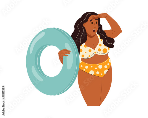 African American funny plus size woman in bikini holding inflatable ring and looking into the distance covering face with her hand. Color flat vector illustration isolated on white background