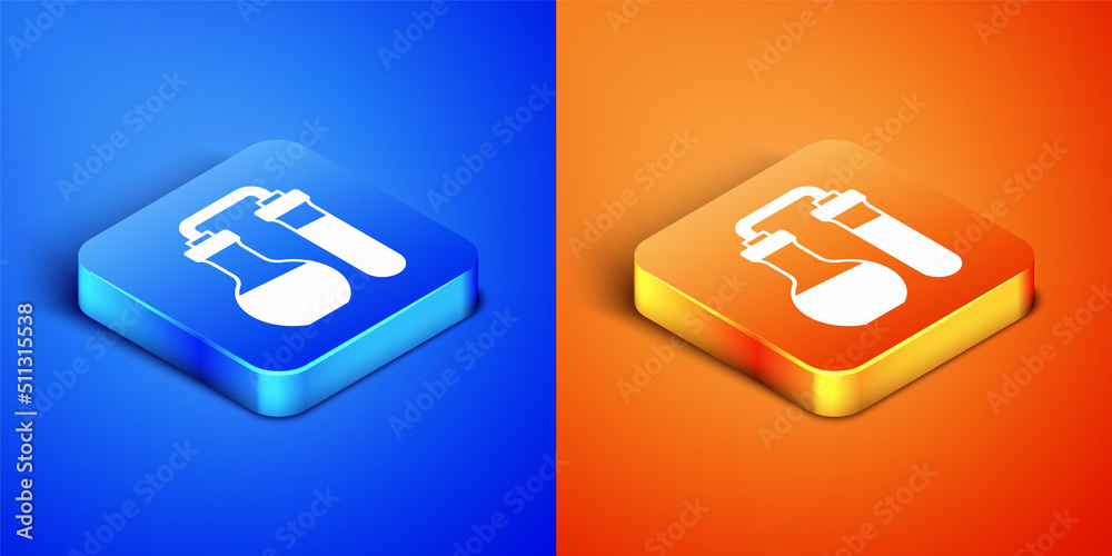 Isometric Test tube and flask chemical laboratory test icon isolated on blue and orange background. Laboratory glassware sign. Square button. Vector Isometric Test tube and flask chemical laboratory test icon isolated on blue and orange background. Laboratory glassware sign. Square button. Vector