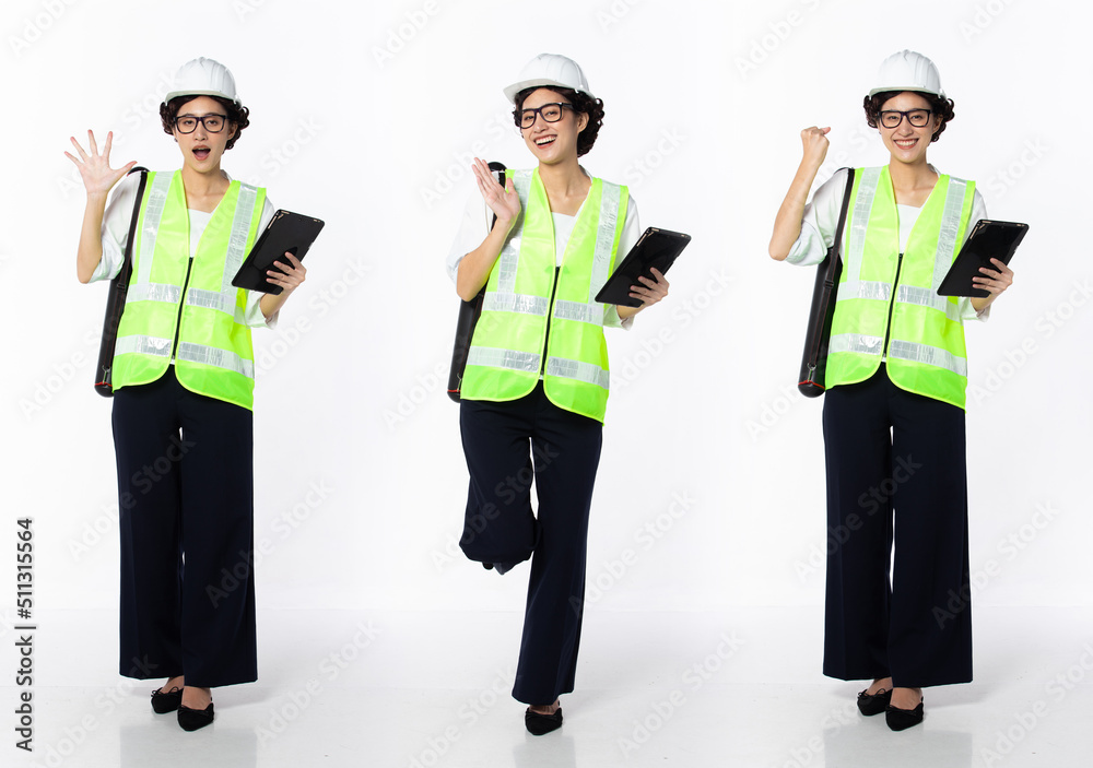 Obraz premium Full length 30s 40s Asian Woman Engineer Architecture Industry, wow surprise glad shock
