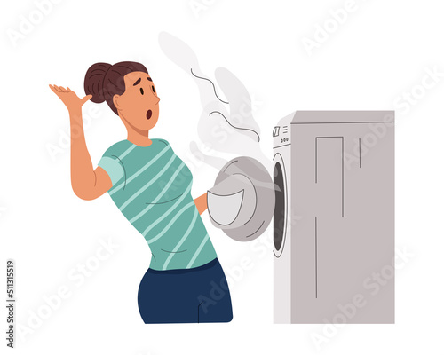 Shocked young woman with broken washing machine at home. Girl housewife waves her hand away from the smoke. Colored flat vector illustration isolated on white background