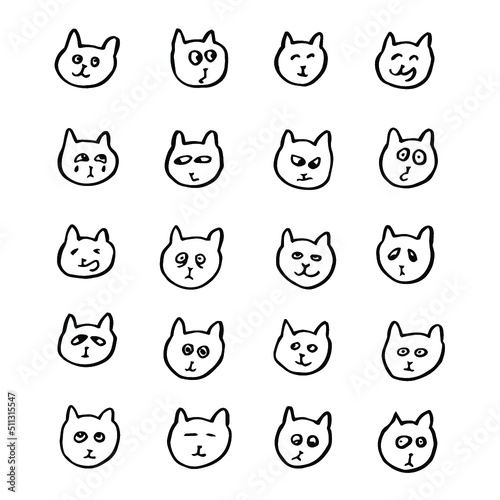 cats head emotions black pen hand drawn free hand contour scribble line grunge vector simple funny childish doodle rough sketch clipart icon set 