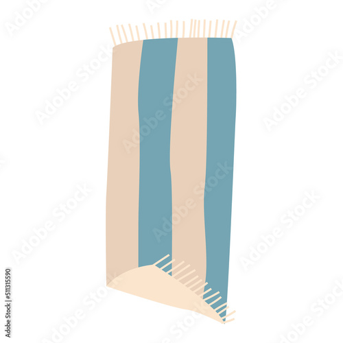 Vector illustration of beach towel or blanket with stripes print and fringe. Summer vacation accessory on isolated background