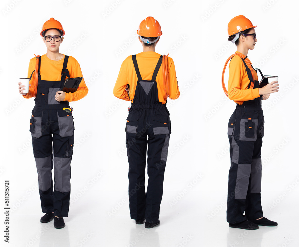 Full length 30s 40s Asian Woman Industry electrician, 360 front side back rear
