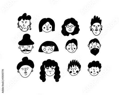 Set of people avatars in doodle style. 12 portraits of boys, men, girls, women, transgender people. Different ages. stickers for design, messengers and social networks. Vector illustration, hand drawn
