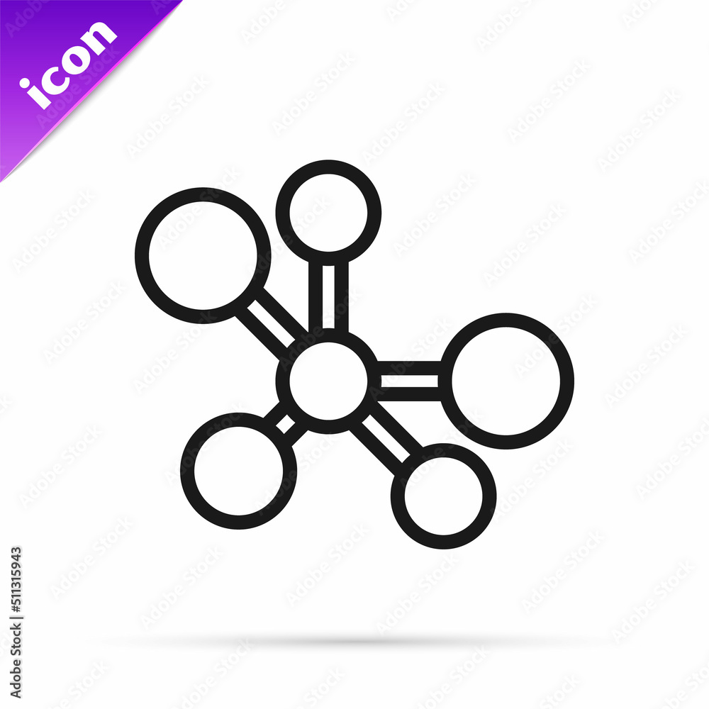 Black line Molecule icon isolated on white background. Structure of molecules in chemistry, science teachers innovative educational poster. Vector Black line Molecule icon isolated on white background. Structure of molecules in chemistry, science teachers innovative educational poster. Vector