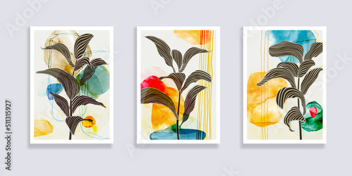 Trendy set of minimalist tropical leaves and abstract forms. Minimal botanical wall art. Mid century modern graphic. Plant art design for social media, blog post, print, cover, wallpaper. Vector