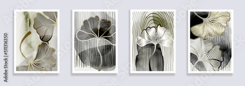 Trendy set of ginkgo biloba leaves and abstract forms. Minimal botanical wall art. Mid century modern graphic. Plant art design for elegant wall art , interior design, printing, invitation. Vector