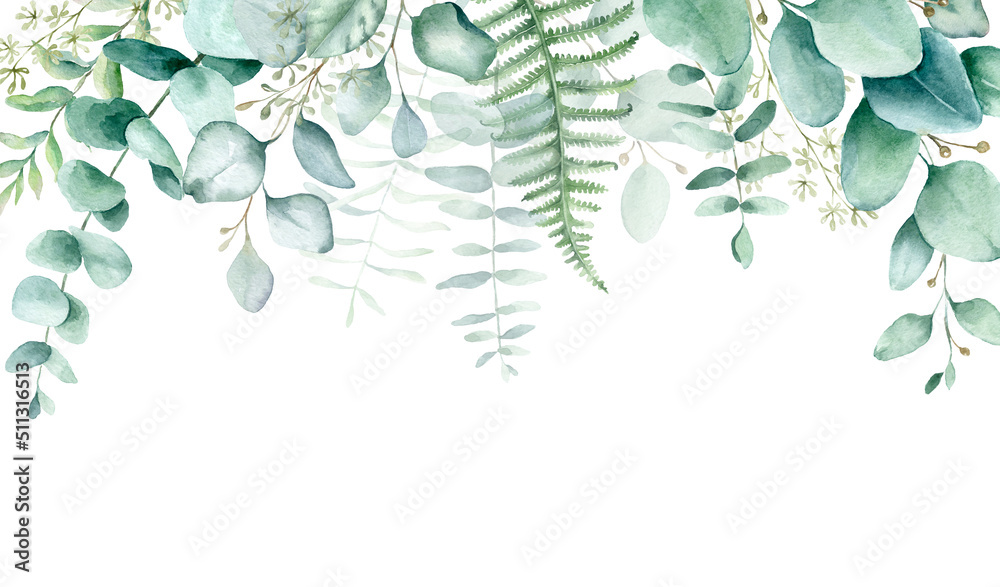 Eucalyptus watercolor border.Watercolor hand painted border with