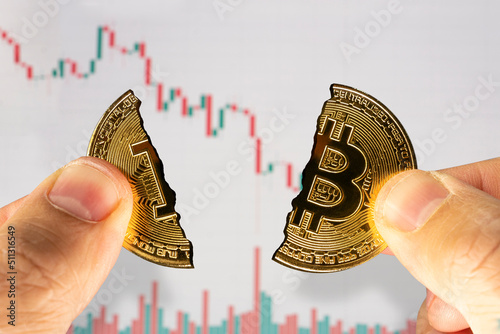 Slika na platnu bitcoin cryptocurrency blockchain digital market on man hand and price chart background with clipping path