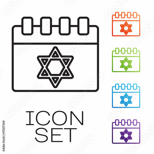 Black line Jewish calendar with star of david icon isolated on white background. Hanukkah calendar day. Set icons colorful. Vector