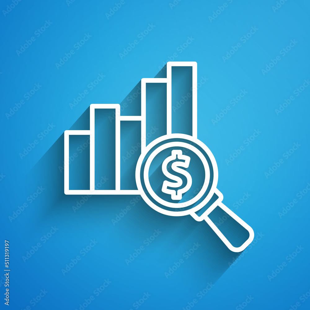 White line Pie chart infographic and dollar symbol icon isolated on blue background. Diagram chart sign. Long shadow. Vector White line Pie chart infographic and dollar symbol icon isolated on blue background. Diagram chart sign. Long shadow. Vector