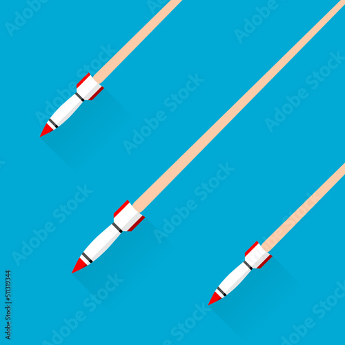White missile rocket warhead launch frying air strikes in war with blue sky background icon flat vector design.