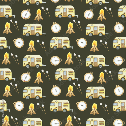 camping seamless pattern, seamless retro camping camper hand-drawn watercolor repeating pattern, on abrown background. Yellow camper, campfire, marshmallow, compass