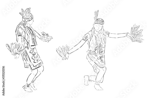 Simple Set 2 Black Vector Outline Sketch, Dayak Traditional Enggang Bird Dancer, East or West Kalimantan Indonesia
