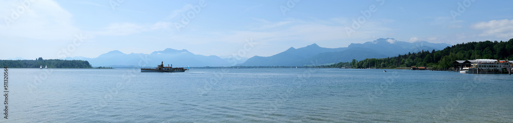 Prien am Chiemsee, Bavaria, Germany, panoramic view over Chiemsee with Chiemgau Alps in background  