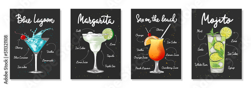 Set of 4 advertising recipe lists with alcoholic drinks, cocktails and beverages lettering posters, wall decoration, prints, menu design. Hand drawn typography with sketches. Handwritten calligraphy. photo