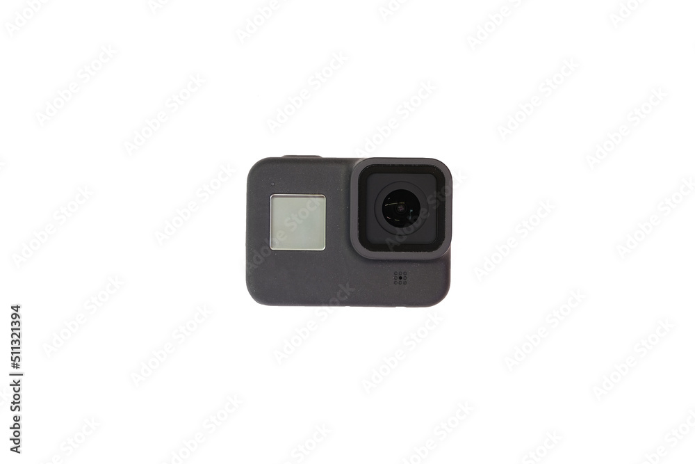 Portable action camera isolated on white background