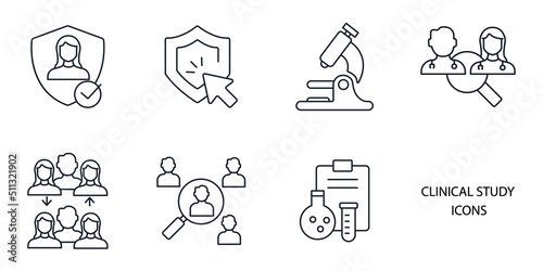Photo clinical study and clinical trial icons set