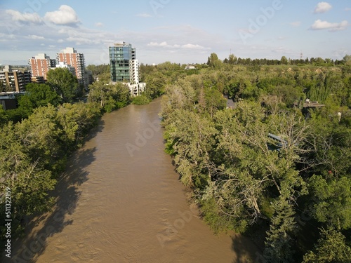 The Elbow River during flood season in Mission district in Calgary Alberta