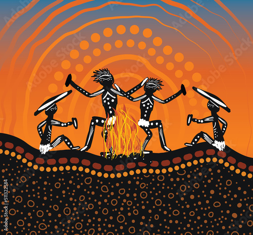 People dancing around the campfire aboriginal art