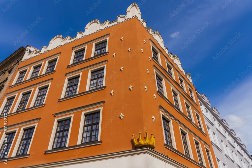 Low angle view of building corner on urban street in Wroclaw