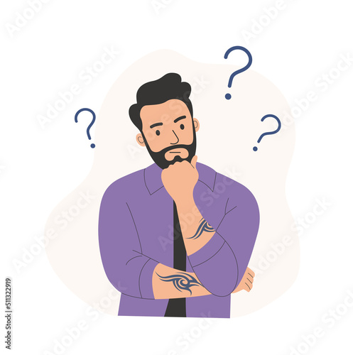Young man with tattoo surrounded by a question mark. Flat style cartoon vector illustration.
