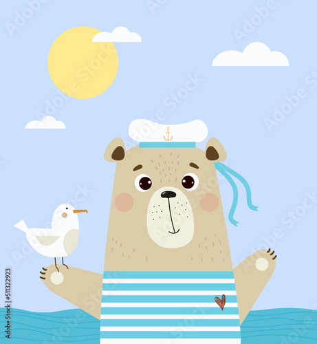 Cute bear sailor in striped vest and hat with seagull at sea. Vector illustration. Summer  poster with animals for kids collection, postcards, design, print, nursery decoration and greeting cards