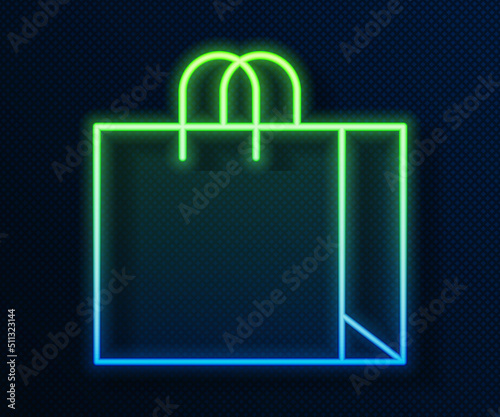 Glowing neon line Shopping bag jewelry icon isolated on blue background. Vector