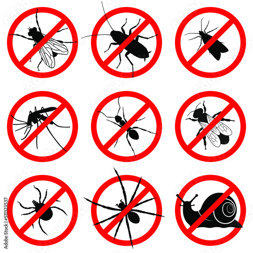 Prohibition insects signs. No: flies, cockroaches, moth, mosquitoes, ants, bee, spiders, mites, snails icon set. Warning symbols isolated on white background. Vector illustration